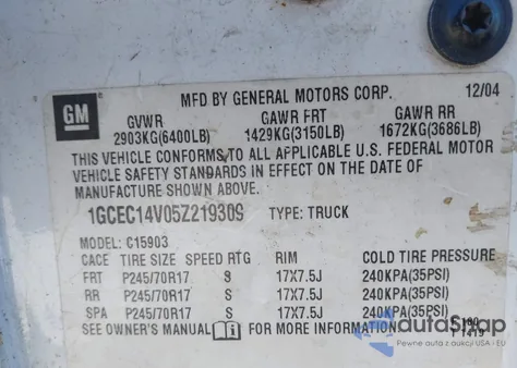 2005 Chevrolet Silverado 1500 Work Truck z USA, uszkodzony, nr VIN 1GCEC14V05Z219309